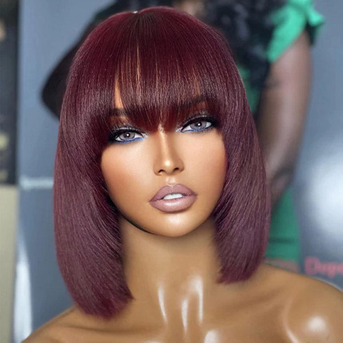 Enstah 10 Inches Reddish Purple Layered Cut Yaki Straight #99J Lace Bob Wig With Bangs
